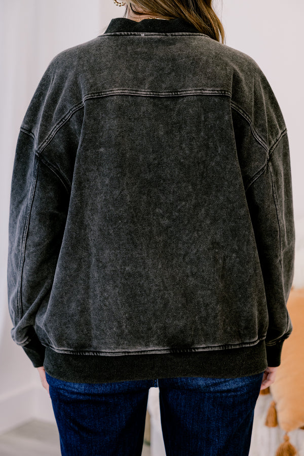 Chic Soul plus size clothing, black denim zip-up jacket with front pockets and an acid wash look