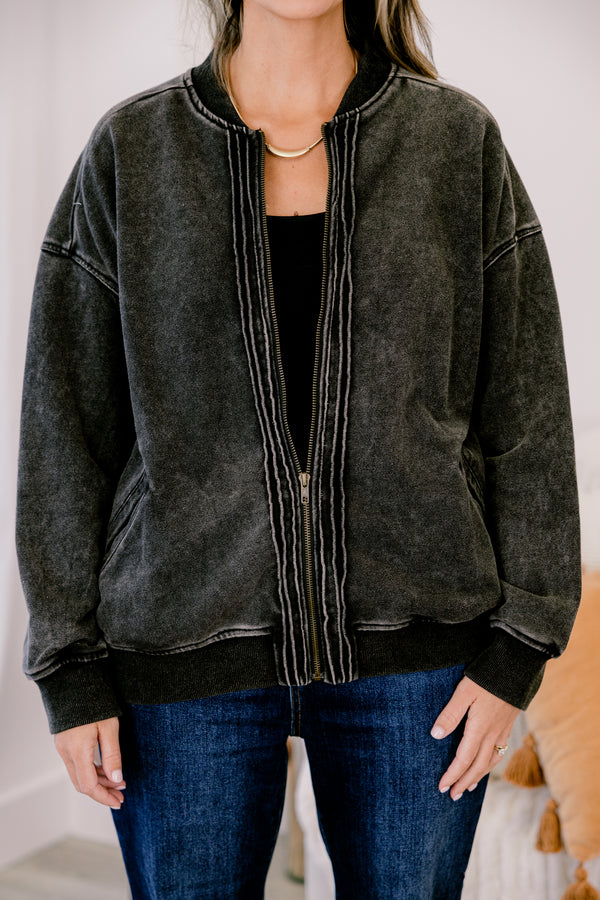Chic Soul plus size clothing, black denim zip-up jacket with front pockets and an acid wash look
