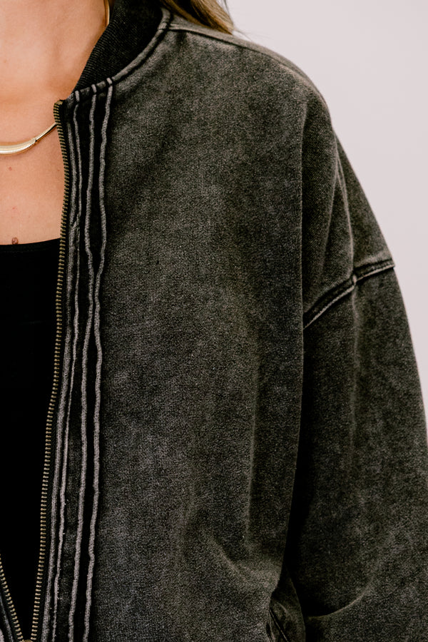 Chic Soul plus size clothing, black denim zip-up jacket with front pockets and an acid wash look