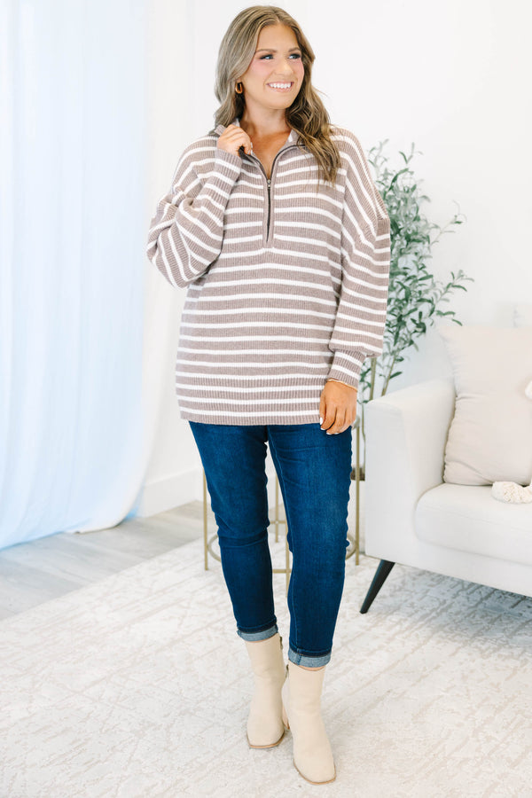 Plus size clothing, brown and white striped three quarter zip sweater