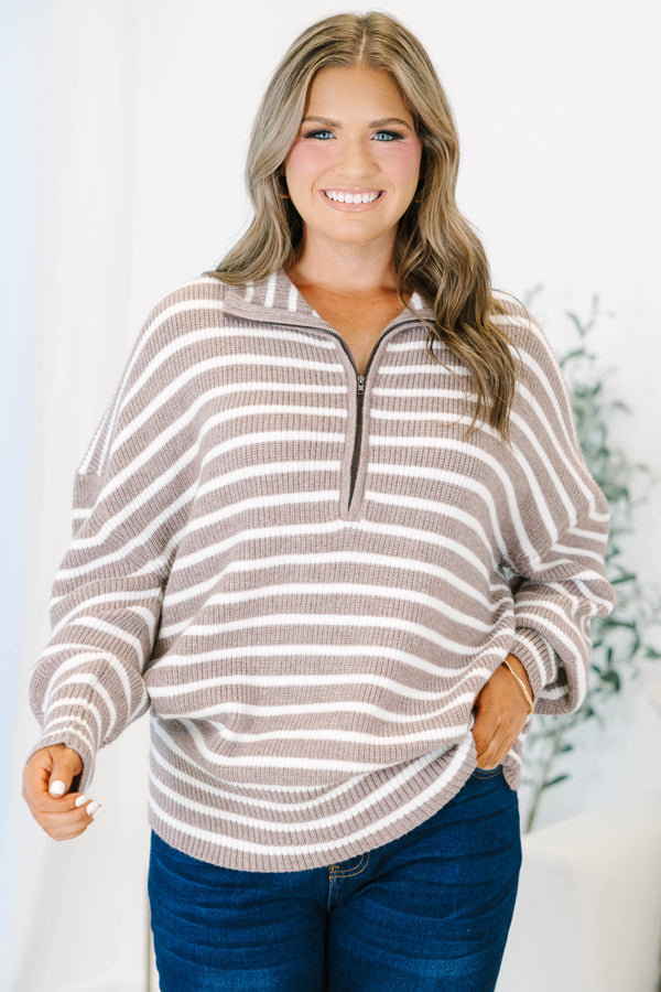 Plus size clothing, brown and white striped three quarter zip sweater