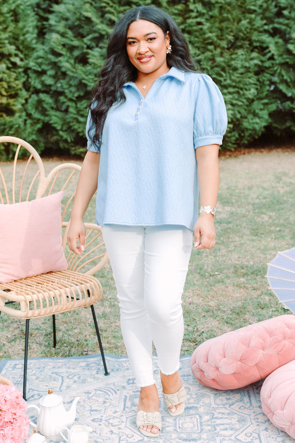 Chic soul plus size clothing, light blue puff sleeve textured top with button up v neck