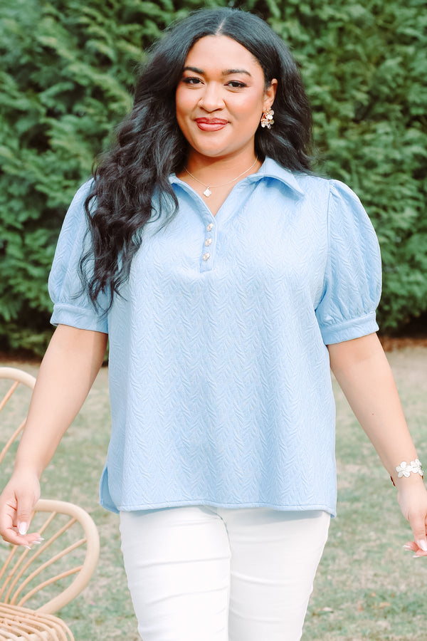 Chic soul plus size clothing, light blue puff sleeve textured top with button up v neck