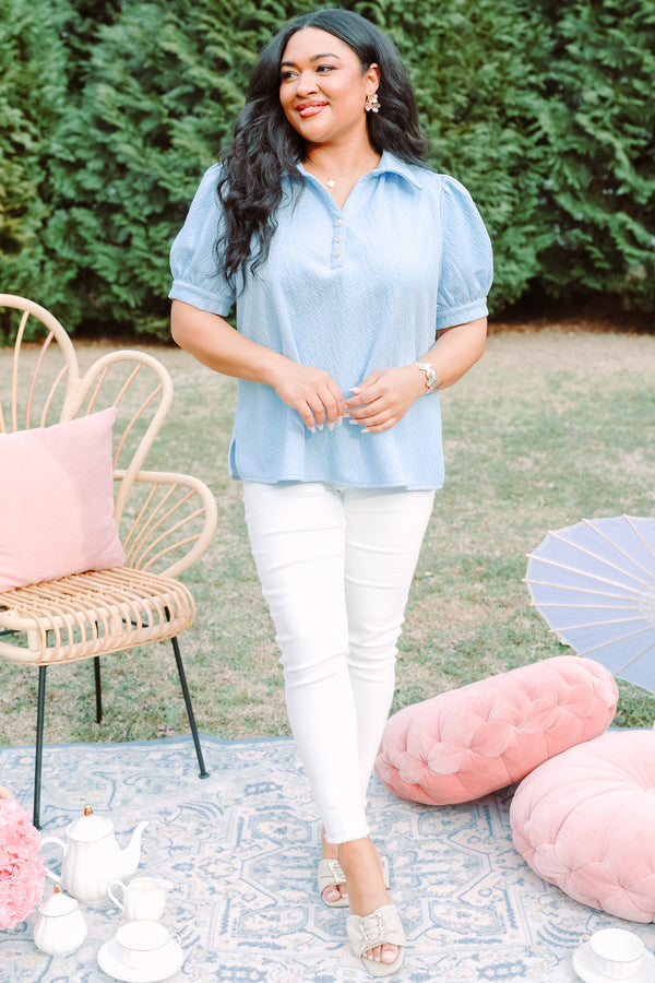 Chic soul plus size clothing, light blue puff sleeve textured top with button up v neck