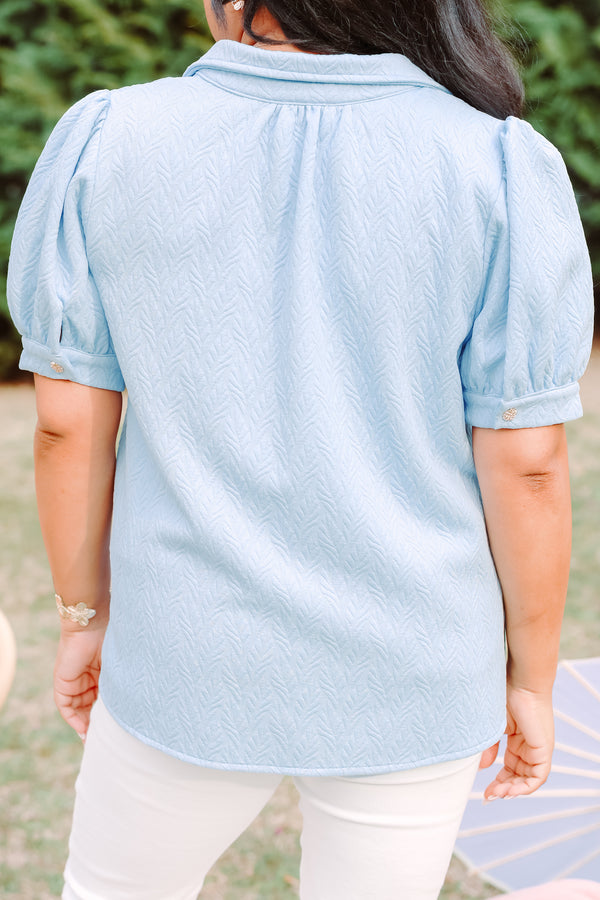 Chic soul plus size clothing, light blue puff sleeve textured top with button up v neck