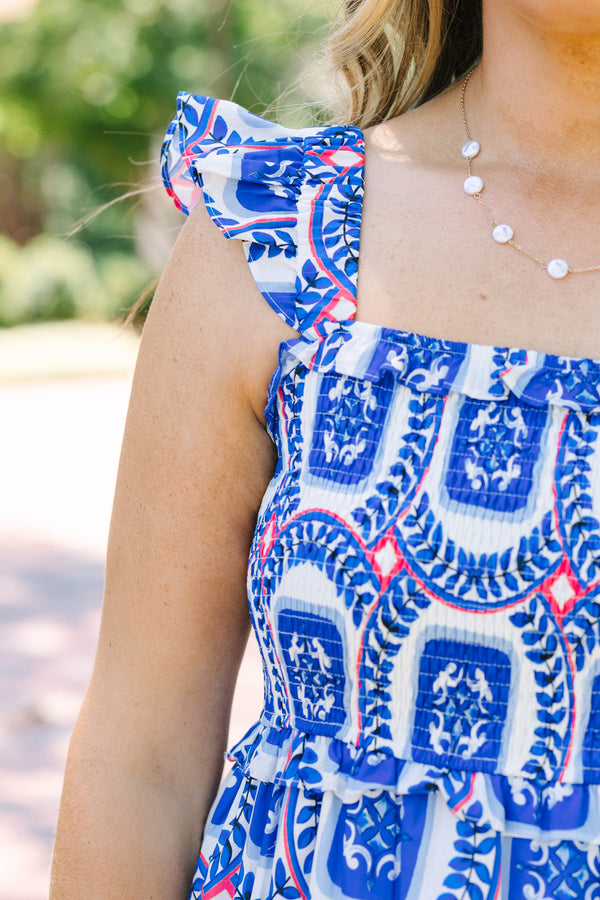 Plus Size cobalt blue and white patterned tiered maxi dress with ruffled straps and smocked bodice.