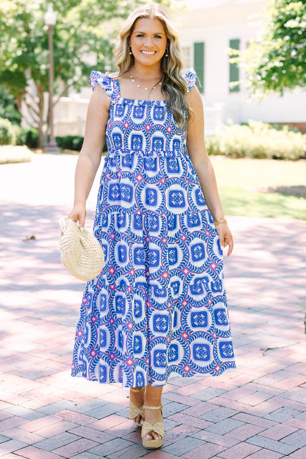 Plus Size cobalt blue and white patterned tiered maxi dress with ruffled straps and smocked bodice.