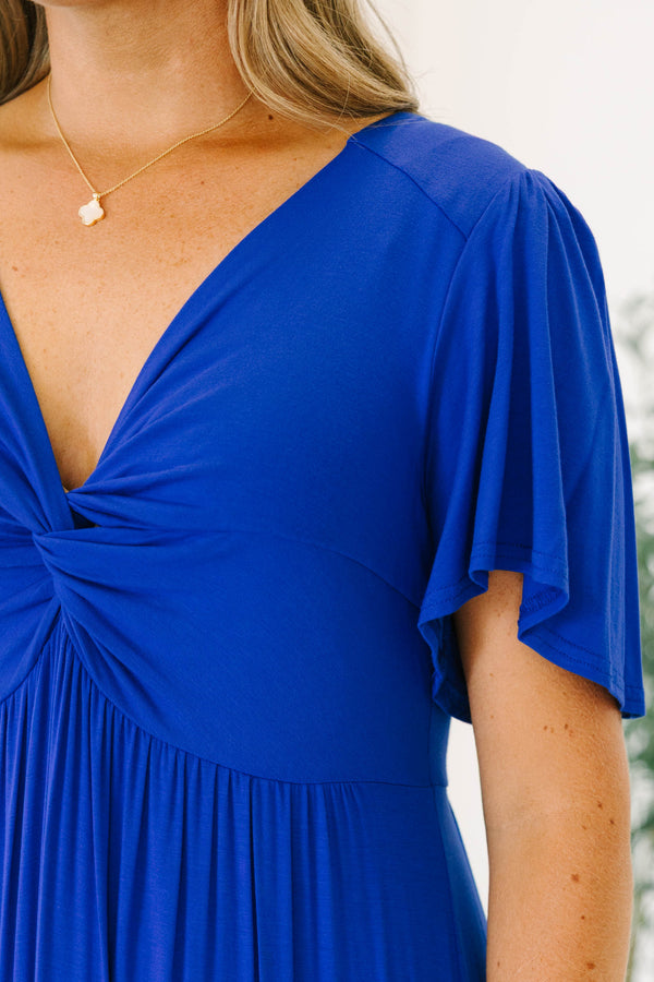 Chic Soul plus size clothing, cobalt short sleeve maxi dress with v neckline with knot detail with ruffle along the bottom