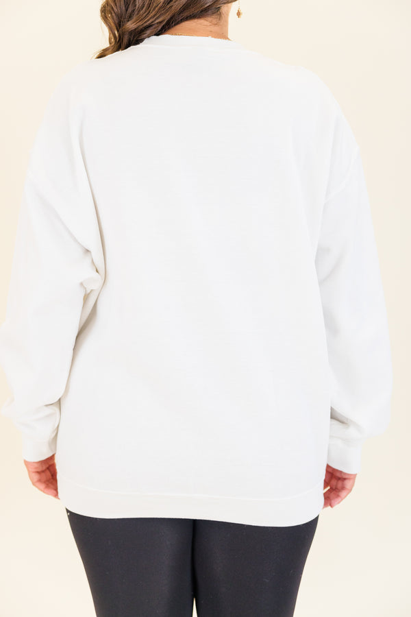Chic Soul plus size clothing, white long sleeve pullover with pink cursive lettering 