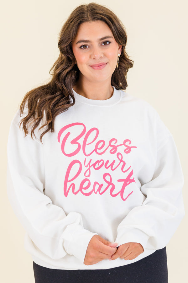 Chic Soul plus size clothing, white long sleeve pullover with pink cursive lettering 