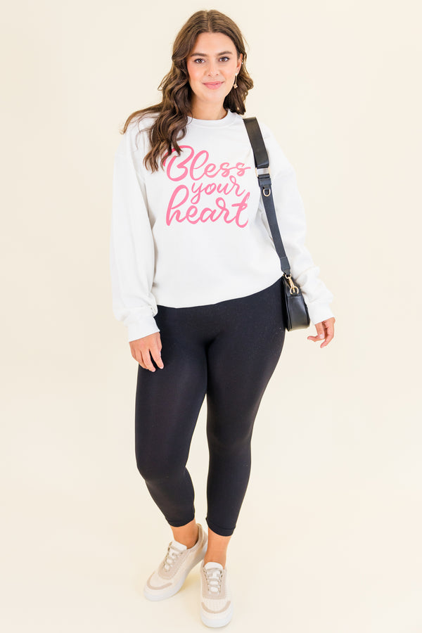 Chic Soul plus size clothing, white long sleeve pullover with pink cursive lettering 