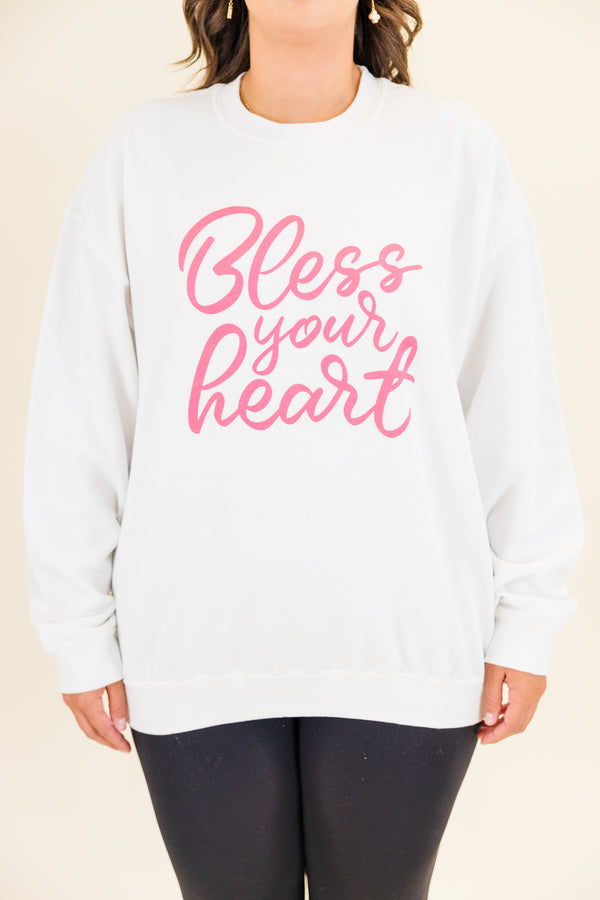 Chic Soul plus size clothing, white long sleeve pullover with pink cursive lettering 