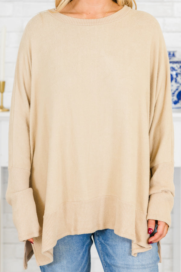 Chic Soul plus size clothing, long-sleeve sand tan knit top with scoop-neckline