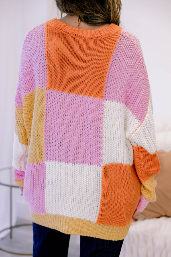 Chic Soul plus size clothing, orange pink and yellow color block long sleeve knit sweater