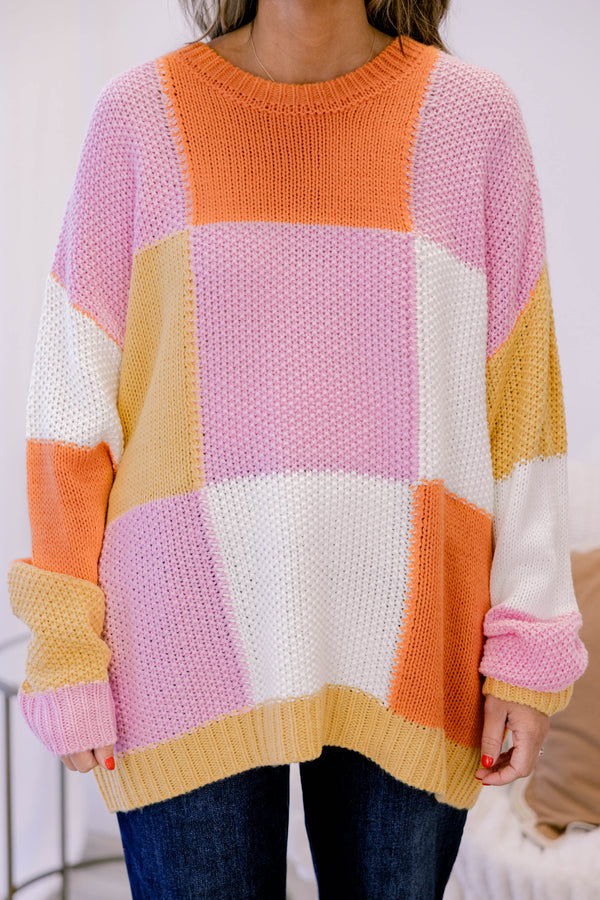 Chic Soul plus size clothing, orange pink and yellow color block long sleeve knit sweater