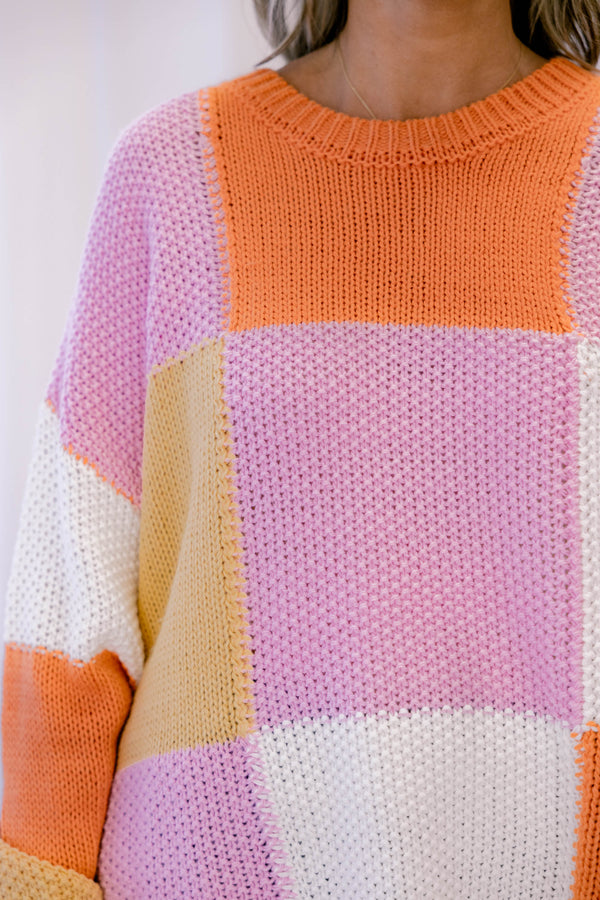 Chic Soul plus size clothing, orange pink and yellow color block long sleeve knit sweater
