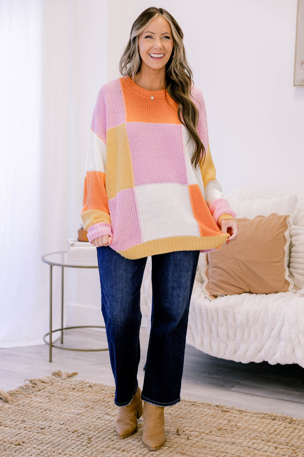 Chic Soul plus size clothing, orange pink and yellow color block long sleeve knit sweater