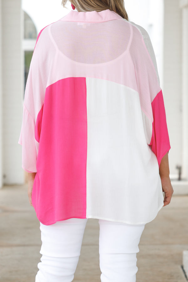 Chic Soul plus size clothing, hot pink and white color block flowy top with a front pocket