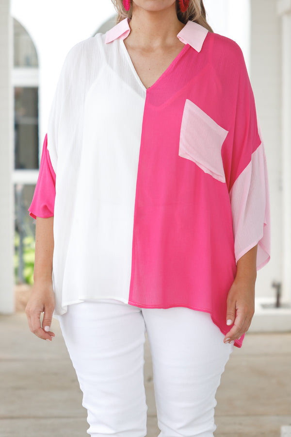 Chic Soul plus size clothing, hot pink and white color block flowy top with a front pocket