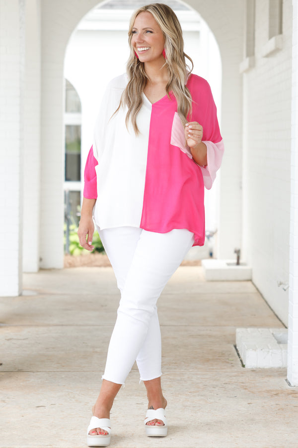 Chic Soul plus size clothing, hot pink and white color block flowy top with a front pocket