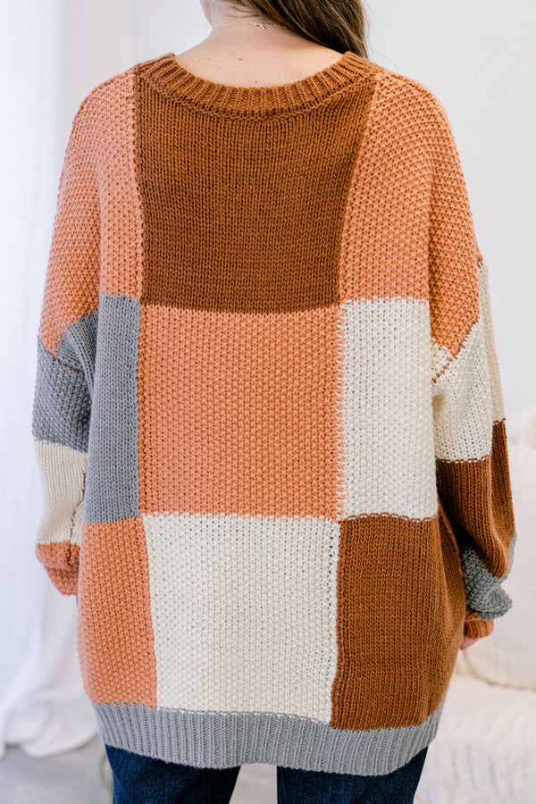 Chic Soul plus size clothing, brown and grey color blocked knit crewneck sweater