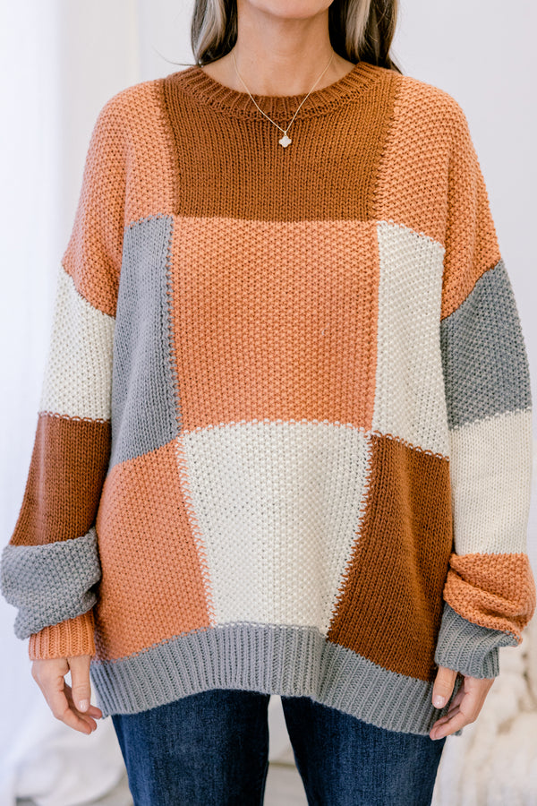 Chic Soul plus size clothing, brown and grey color blocked knit crewneck sweater