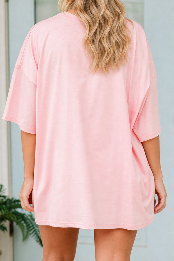 Plus Size dusty pink oversized boyfriend tee with a vintage coquette geese and bow graphic.