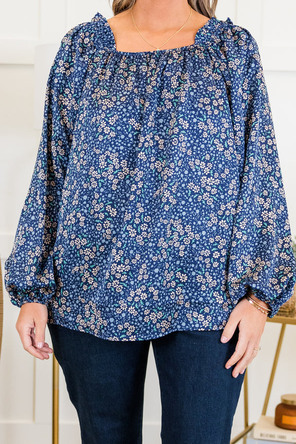 Chic Soul plus size clothing, blue long sleeve floral top with square neckline with cuff sleeve detail with puff sleeves
