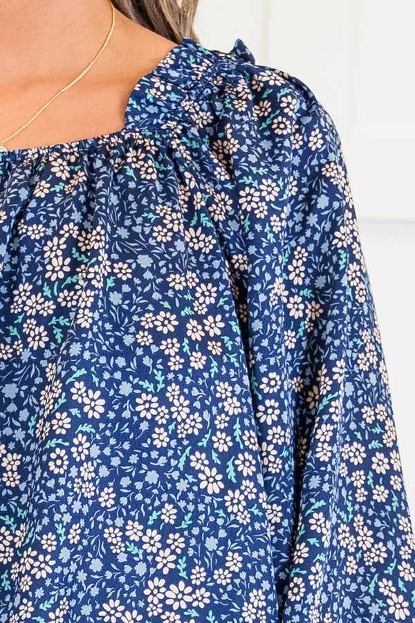 Chic Soul plus size clothing, blue long sleeve floral top with square neckline with cuff sleeve detail with puff sleeves