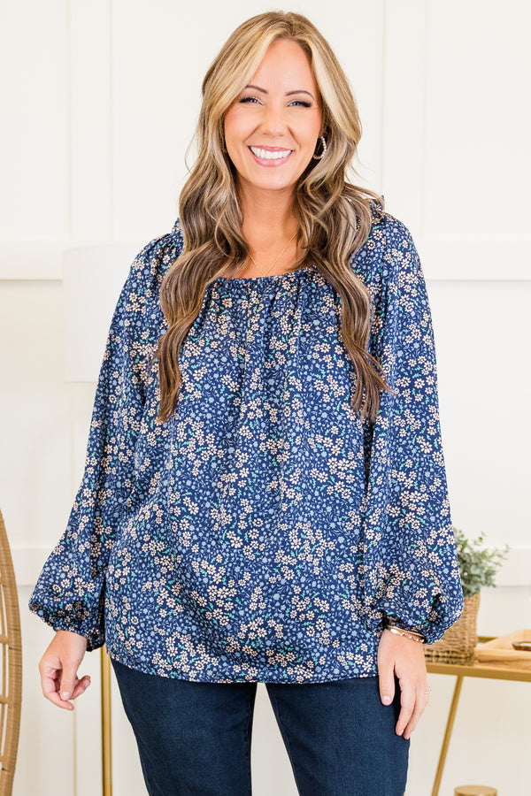 Chic Soul plus size clothing, blue long sleeve floral top with square neckline with cuff sleeve detail with puff sleeves