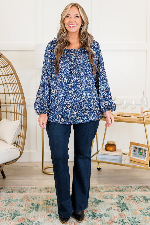 Chic Soul plus size clothing, blue long sleeve floral top with square neckline with cuff sleeve detail with puff sleeves