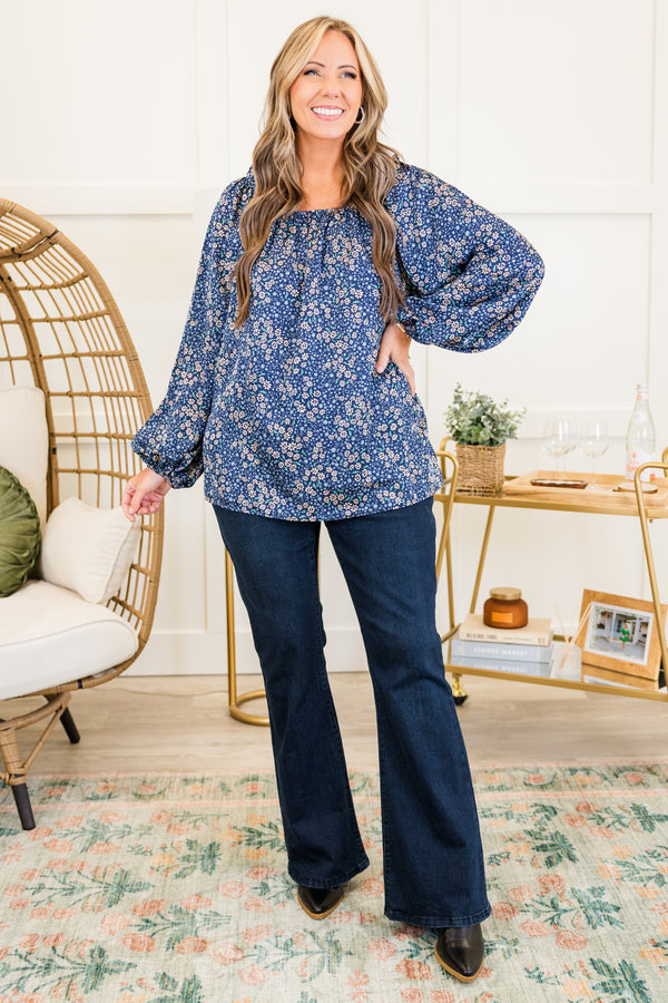 Chic Soul plus size clothing, blue long sleeve floral top with square neckline with cuff sleeve detail with puff sleeves