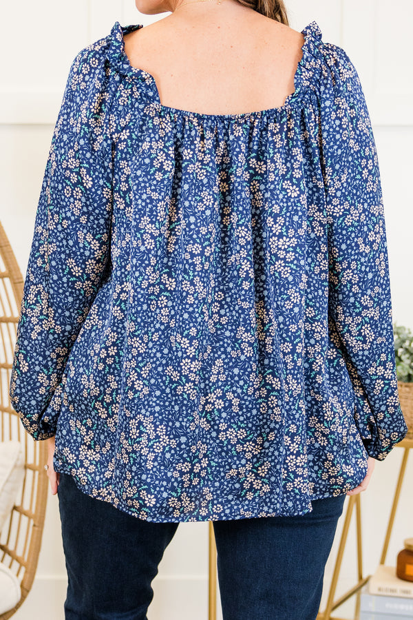 Chic Soul plus size clothing, blue long sleeve floral top with square neckline with cuff sleeve detail with puff sleeves