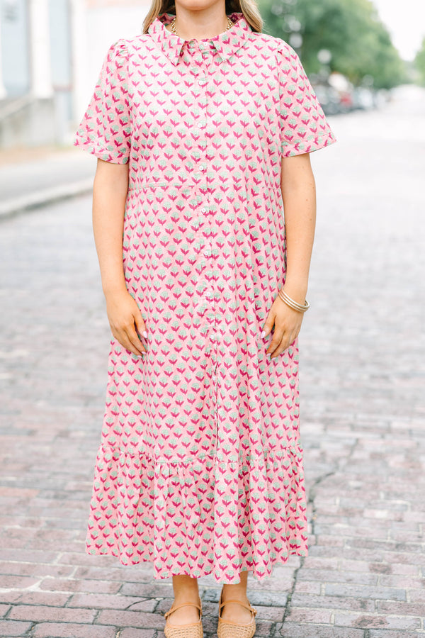 Plus Size pink medallion print maxi dress with a button-down front, collar, and short sleeves.