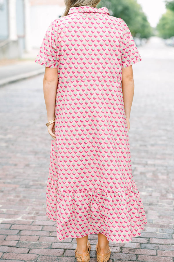 Plus Size pink medallion print maxi dress with a button-down front, collar, and short sleeves.