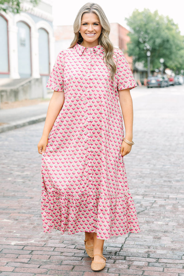 Plus Size pink medallion print maxi dress with a button-down front, collar, and short sleeves.