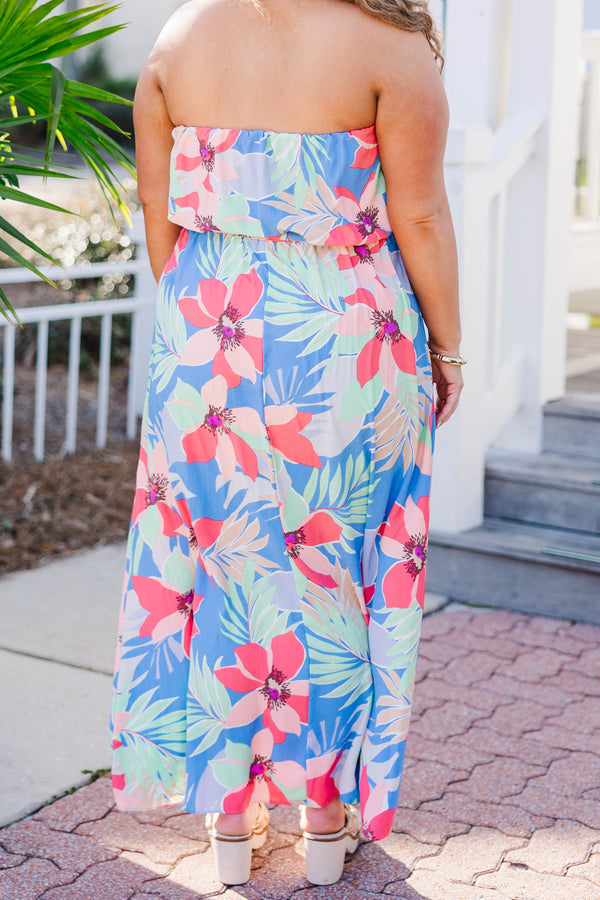 Chic Soul plus size clothing, chambray/coral strapless maxi dress with synch waist and floral/tropical print