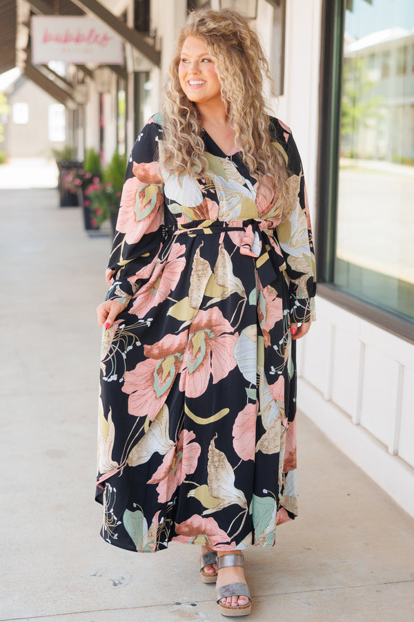 Chic Soul plus size clothing, black floral pattern maxi dress with crisscross neckline and a tie at the waist