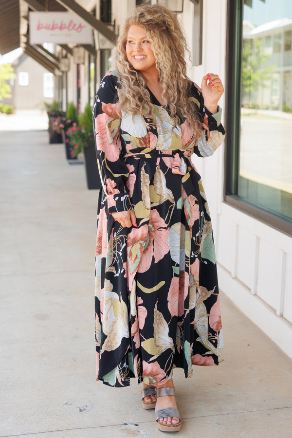 Chic Soul plus size clothing, black floral pattern maxi dress with crisscross neckline and a tie at the waist