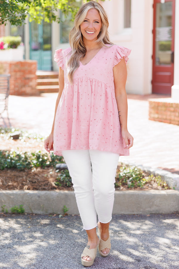 Chic Soul plus size clothing, pink babydoll top with eyelet lace pattern and flutter sleeves