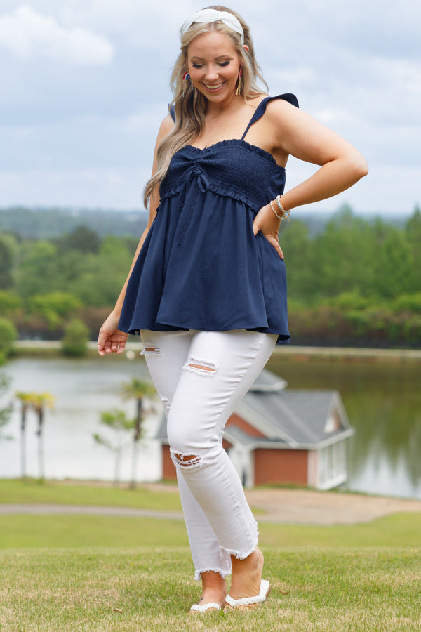 Chic Soul plus size clothing, navy babydoll style top with a smocked bodice and flutter straps