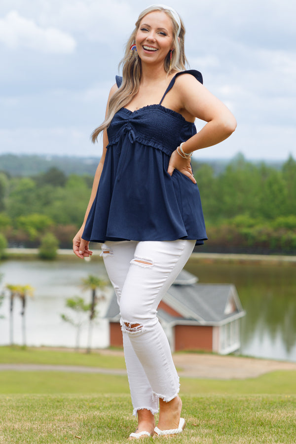 Chic Soul plus size clothing, navy babydoll style top with a smocked bodice and flutter straps