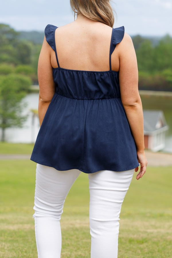 Chic Soul plus size clothing, navy babydoll style top with a smocked bodice and flutter straps