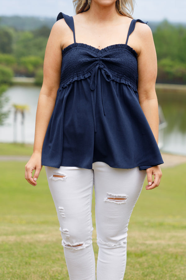Chic Soul plus size clothing, navy babydoll style top with a smocked bodice and flutter straps