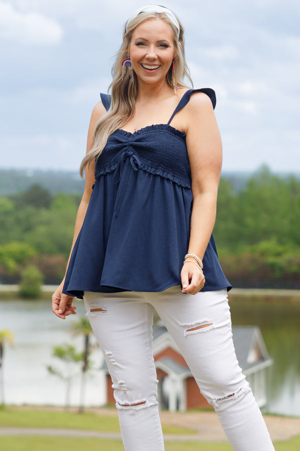 Chic Soul plus size clothing, navy babydoll style top with a smocked bodice and flutter straps