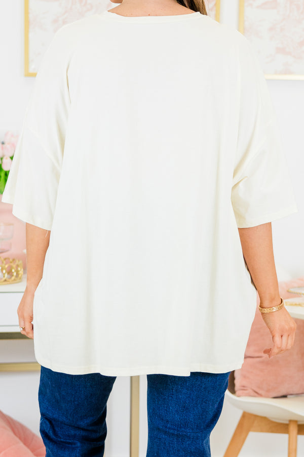 Chic Soul plus size clothing, short-sleeve ivory boyfriend tee with scoop-neckline and blue and white floral graphic lettering stating 