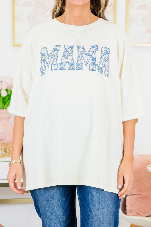 Chic Soul plus size clothing, short-sleeve ivory boyfriend tee with scoop-neckline and blue and white floral graphic lettering stating 