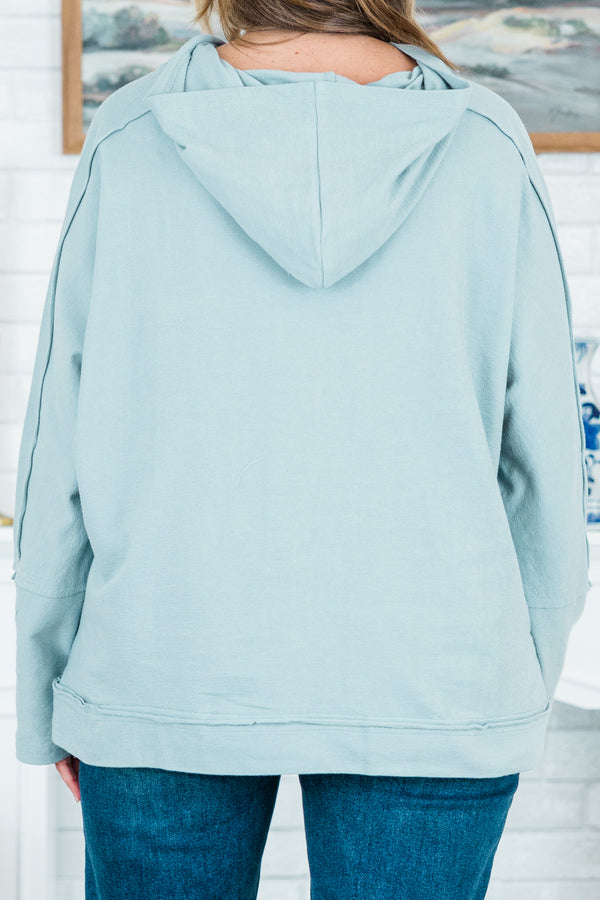 Chic Soul plus size clothing, denim baby blue hoodie with exposed seams detailing