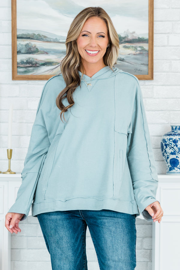 Chic Soul plus size clothing, denim baby blue hoodie with exposed seams detailing