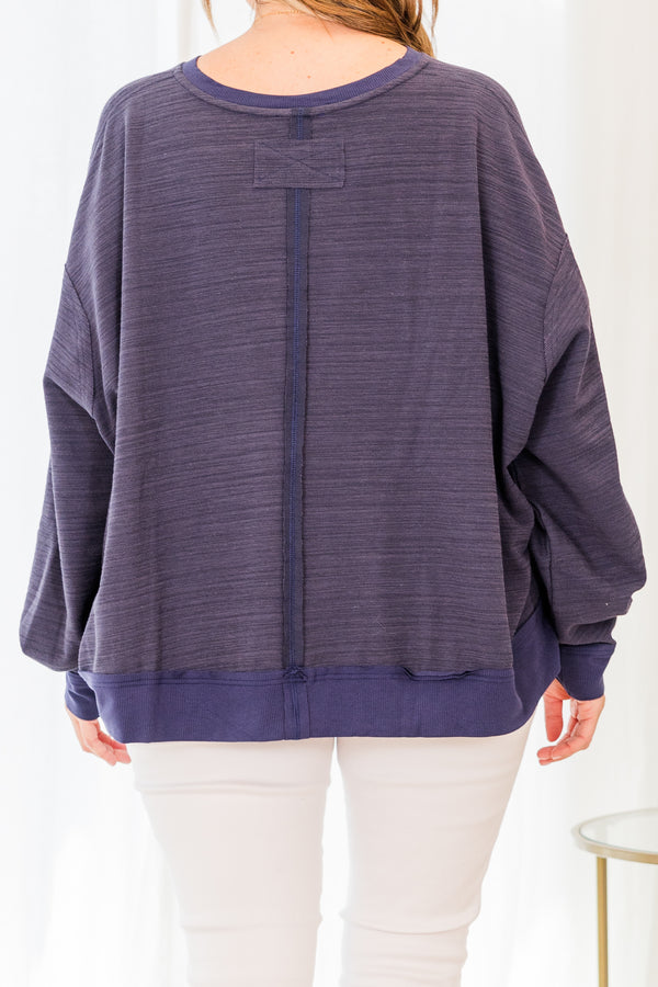 Chic Soul plus size clothing, long sleeve navy pullover with v-neckline and darker navy stitching details